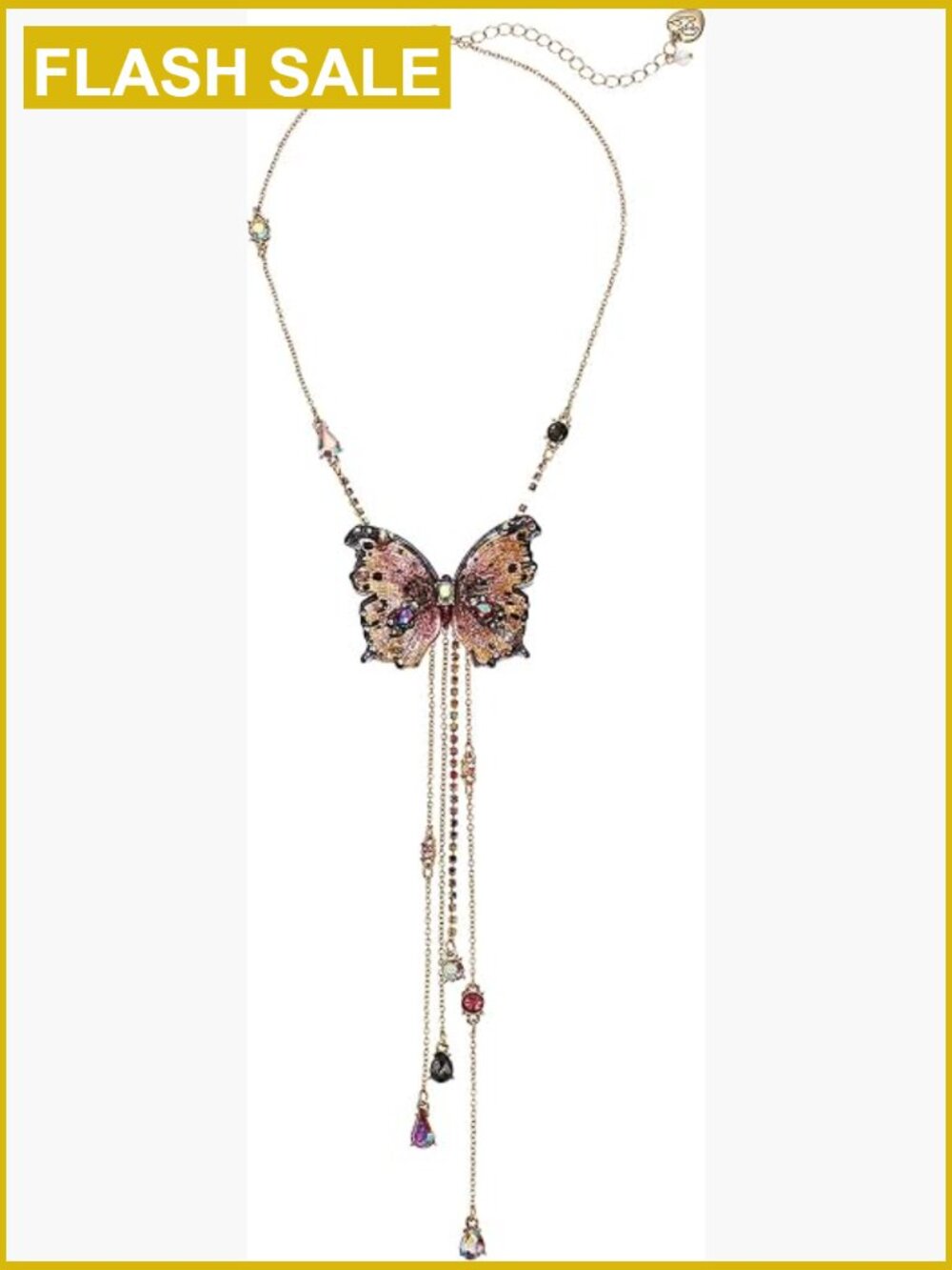 Gold Tone Butterfly Y-Shaped Pendant Necklace with Fringe